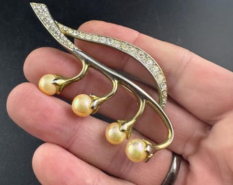 Broche Vintage MOVITEX - Nœud Doré Avec Perles - Bijou Fantaisie Femme