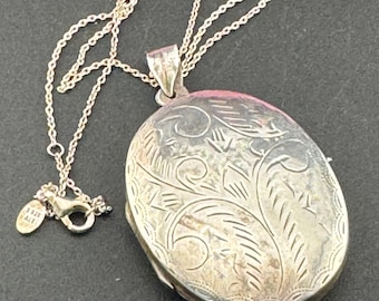 Hallmarked Locket, Engraved Sterling Silver Memorial Keepsake | 44Cm Chain | Vintage Patina