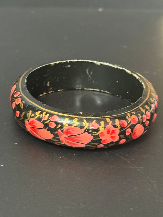 Vintage Hand Painted Floral Bangle: Black Lacquer, Gilt Detail - Etsy