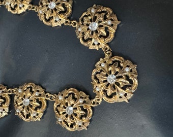 True Vintage gold brass pressed metal pearl and diamanté panel link necklace to 45cm old shop stock