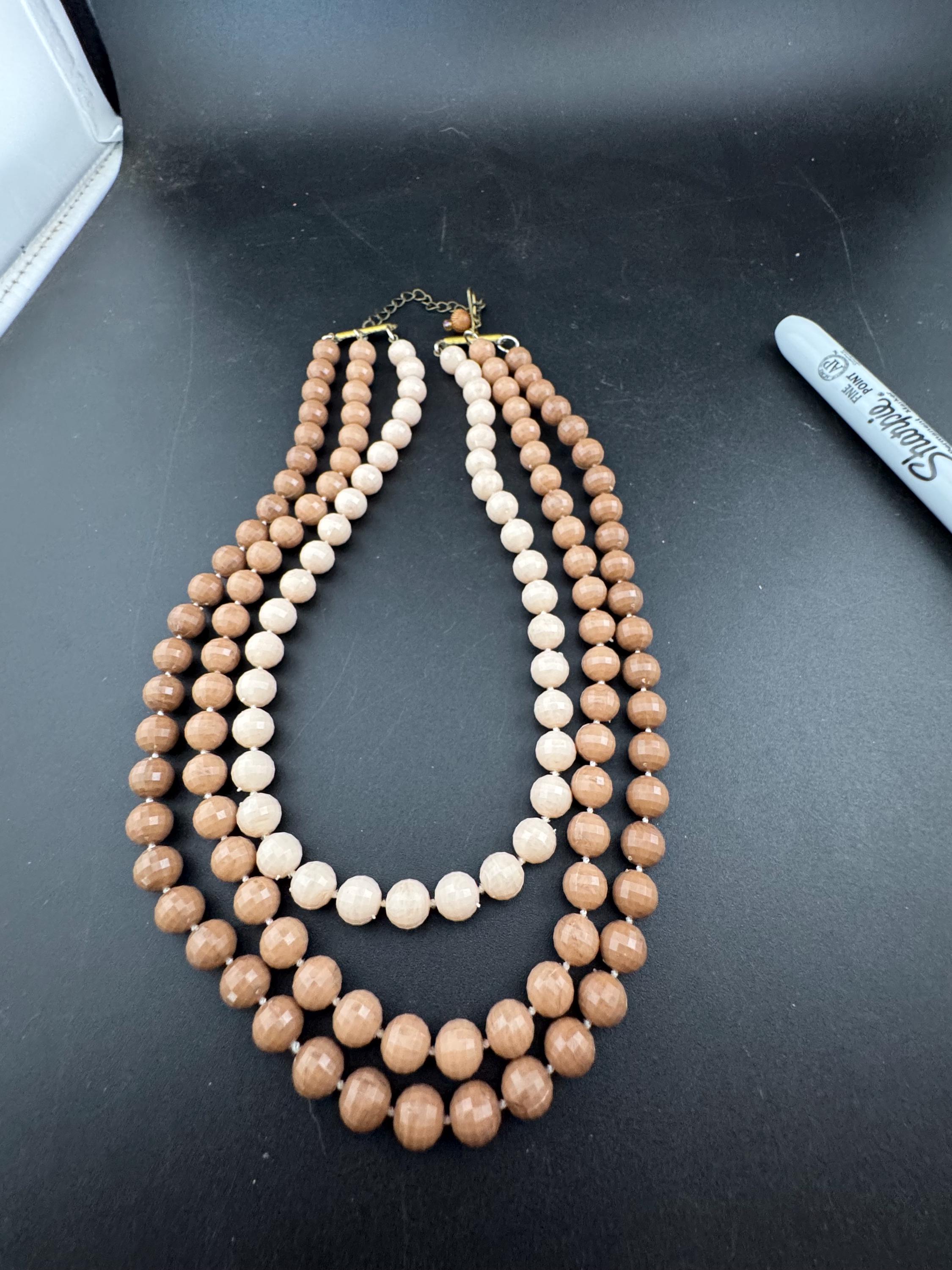Collier Ras Du Cou Vintage Perles Marron Et Bois 35 Cm - Occasion - Fabriqué En France
