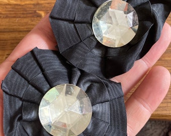 Black Grosgrain Rosette Shoe Clips: Diamanté Bow Pair