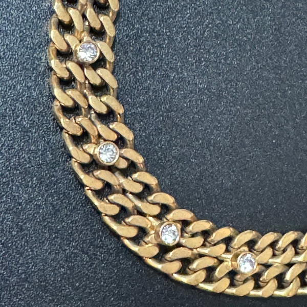 Retro 1980s gold tone wide panther flat curb link clear diamanté necklace