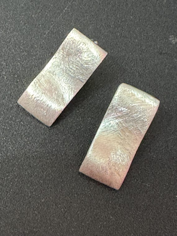 modernist planished rectangular pierced stud earr… - image 1