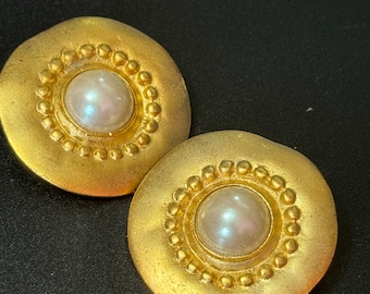 Boucles D'oreilles Pendantes Clips Vintage, Métal Argenté, Cabochon Perle – Occasion