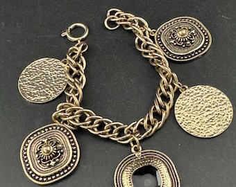 Gold coin disc charm bracelet 19.5cm, Retro 1990s oversized