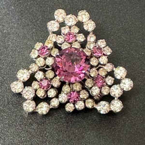 Silver tone diamanté triangular brooch with amethyst purple and clear rhinestone glass stones