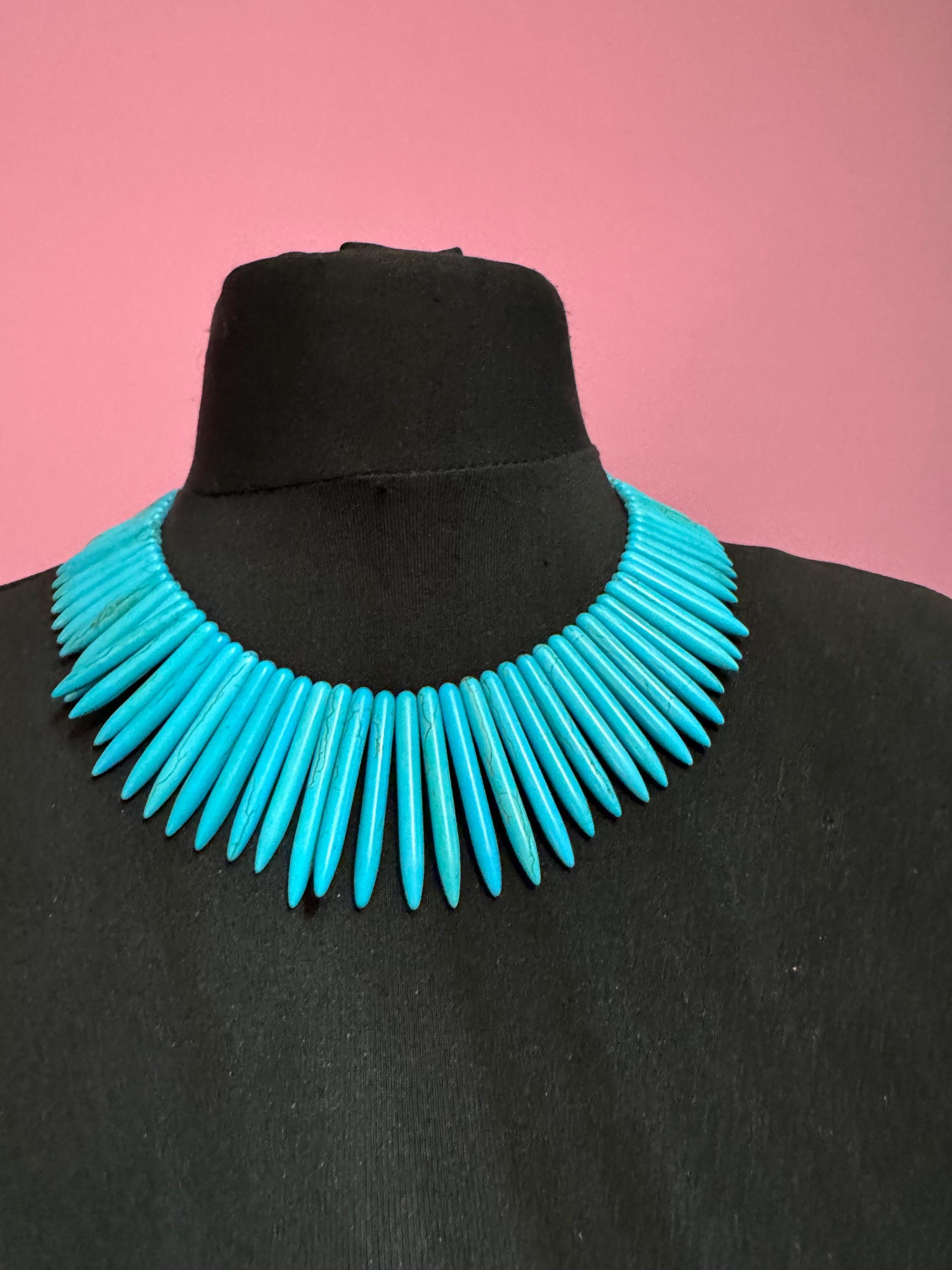 KJL Bib Necklace: Turquoise Howlite Spikes - Signed Kenneth Jay