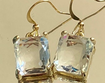 large rectangular crystal diamanté earrings for pierced ears Gold plated