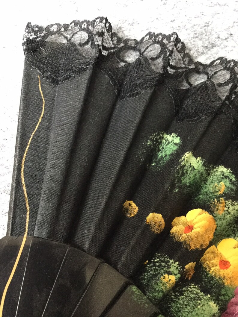 Vintage Retro Spanish Oriental Hand Painted Floral Fabric Ladies Hand Held Fan plastic spibes Orange purple flowers