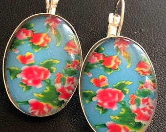 Blue Red Pink roses oval glass cabochon earrings in silver plated