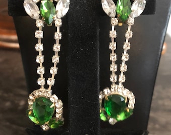 Vintage Czech Rhinestone Clear & emerald Green Glass Drop Clip on Earrings