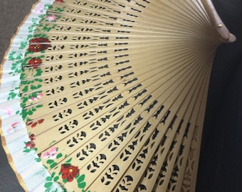 Ladies Hand Fan Chinese Retro Wooden Cut out Filigree