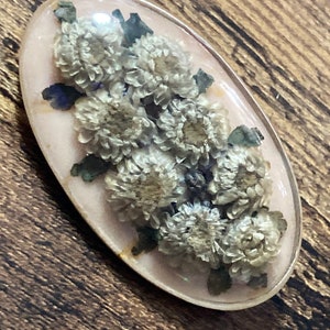 Vintage dried flowers floral bouquet brooch kitsch baby pink early plastic celluloid oval