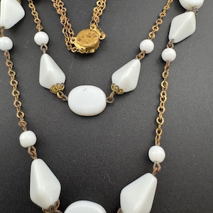 Vintage 2 row White milk glass abstract beaded layering gold chain link necklace