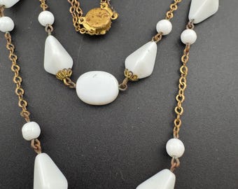 Layered Beaded Necklace: White Milk Glass, Gold Chain - Vintage Style