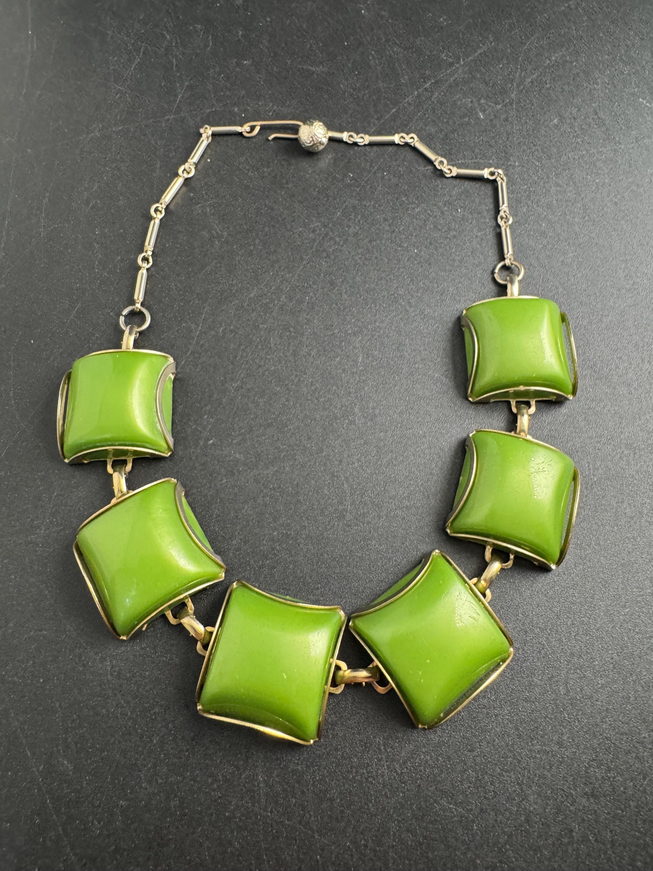 Vintage Green Thermoset Panel Link Choker, Necklace Petite 40cm