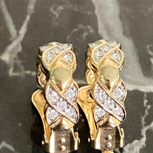Vintage gold tone ornate large clip on half hoop earrings diamante paste