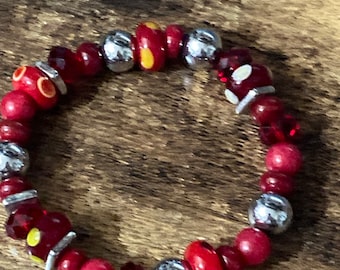 Red Lampwork Beaded bracelet,  Stretch with Silver Ceramic Glass
