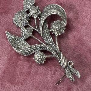 Vintage Mid century faux Marcasite Chrome Backed Floral bouquet flower Brooch