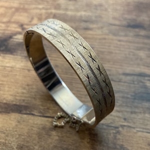 1980s Champagne Gold tone etched wide clamper Bangle
