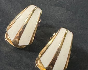 Vintage Gold tone off white gold enamel clip on earrings