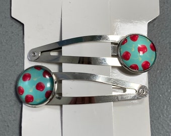 pair of CHERRY hair clips silver tone snap lock