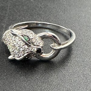 Sterling Silver Panther Ring: Marcasite, Emerald Eyes - Size P.5