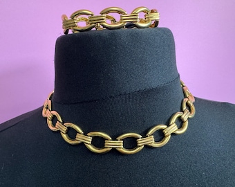 wide chain link necklace and bracelet: vintage gold tone jewellery set