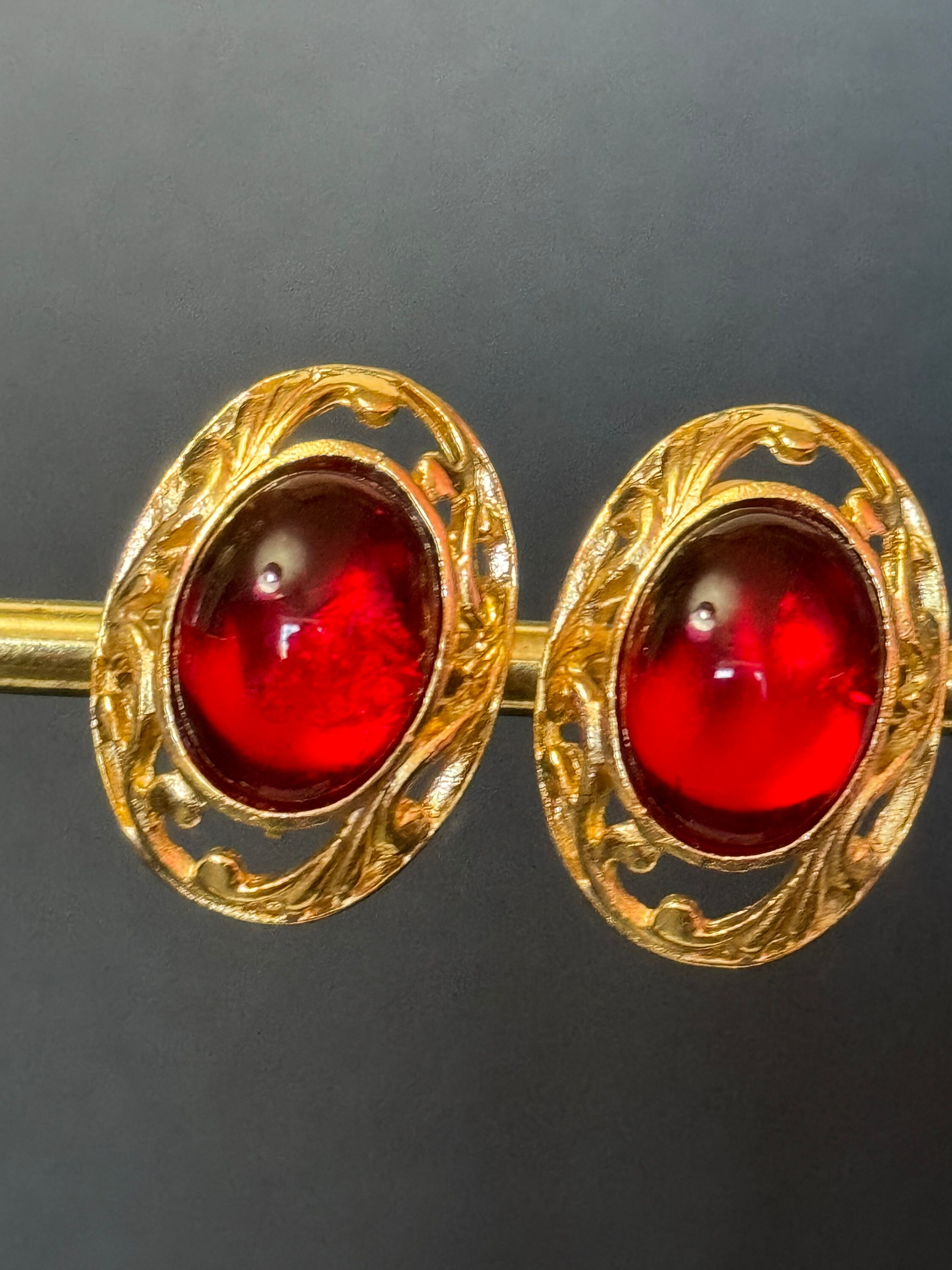Boucles D'oreilles Clips Vintage Années 80 - Cabochons Résine Rouge, Métal Doré