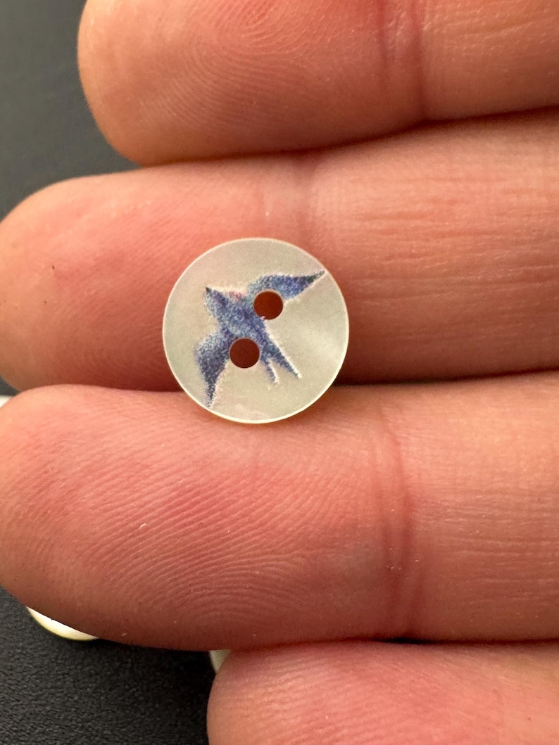 Pu&ograve; includere: Un piccolo bottone rotondo con finitura traslucida e madreperlacea. Il bottone presenta un'illustrazione blu e bianca di un uccello in volo. Due piccoli fori sono visibili per cucire. Questo bottone &egrave; ideale per progetti di cucito.