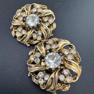2.75cm antiqued dark gold tone filigree cut out work round diamanté crystal clip on earrings vintage