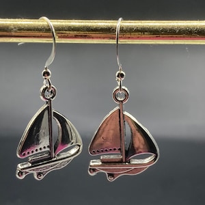Nautical silver tone boat yacht ship drop earrings pierced ears