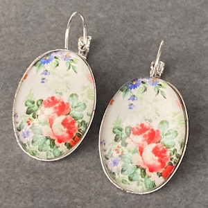 Soft Pink red rose earrings Spring garden flowers oval glass cabochon silver tone drops