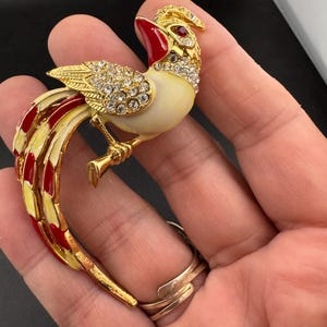 Vintage Tropical Parrot firecrest brooch set with Paste diamanté and red and cream Enamel gold tone metal 1980s
