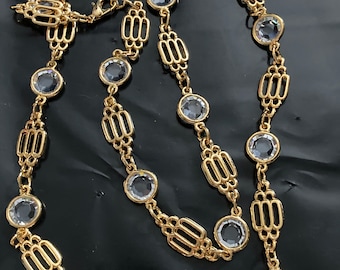 24” 62cm long 1980s thick gold plated fancy link glass crystal bezel beaded station necklace