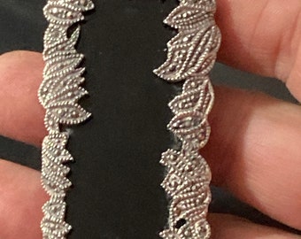 Vintage Art Deco Onyx Brooch - Sterling Silver Marcasite Detail