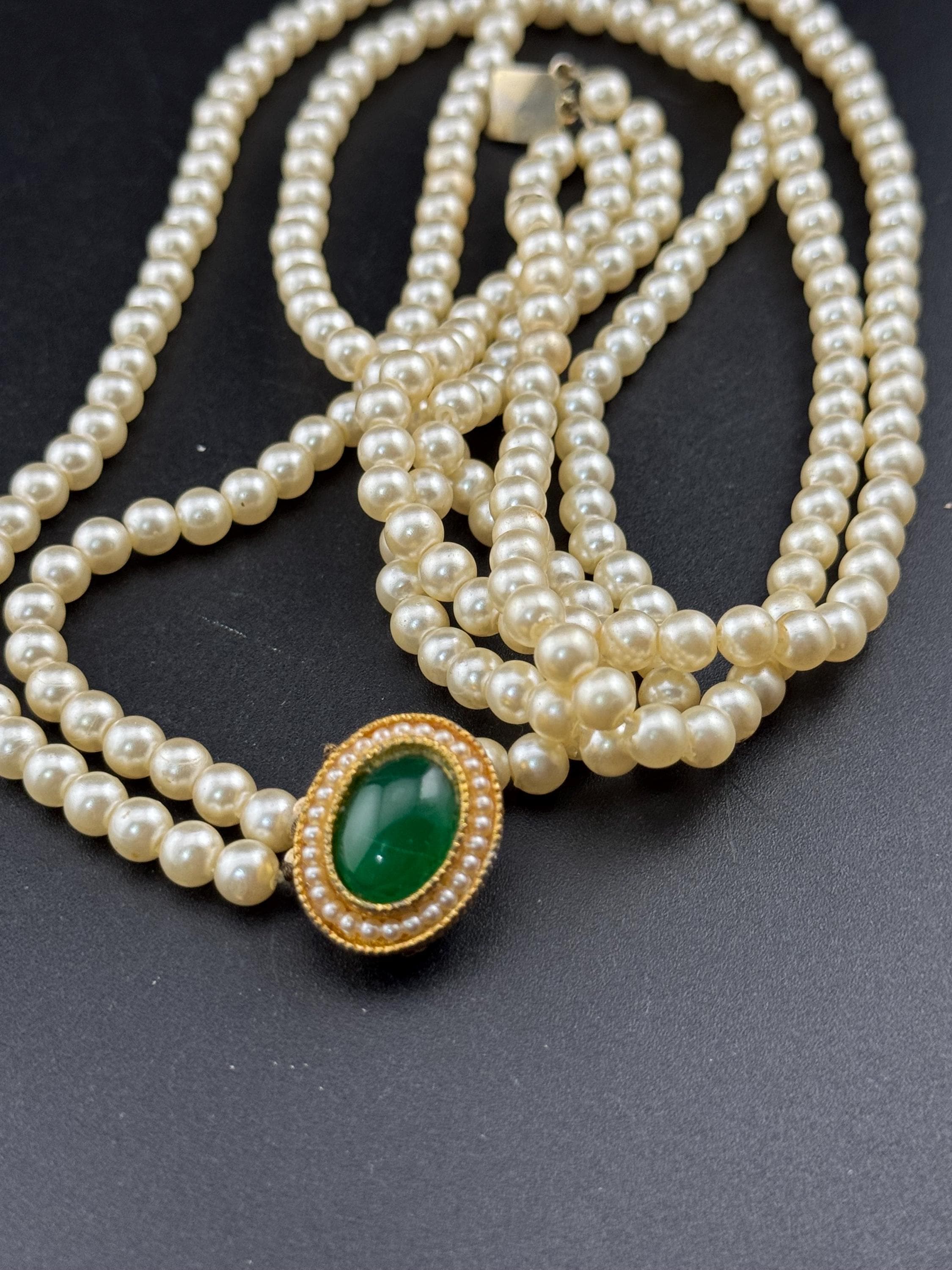 3 Row Cream Pearl Necklace, Plastic With Ornate Green Oval