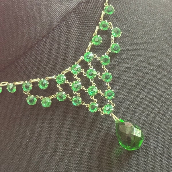 Art Deco Czech Open Back emerald green clear Crystal Silver tone gilt metal Necklace