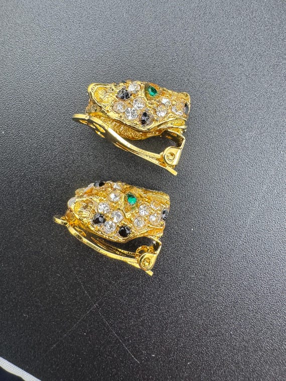 Boucles D'oreilles Vintage Doré Années 90 - Panthère Et Strass Blanc/vert - Clip Métal