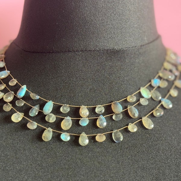 Signed Margo Morrison NYC designer silver and labradorite gemstone triple strand choker necklace