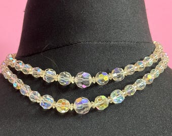 Aurora Borealis Crystal Necklace: Double Strand Beaded Collar