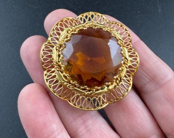 Broche Ancienne Dorée Avec Pierres - Turquoise, Ambre/citrine, Très Bon état