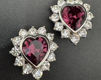 Swarovski Earrings | Purple Heart Studs - 1980S Silver Tone | 3Cm Vintage Crystal Statement