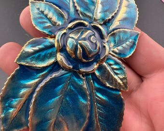 XL Vintage Brass Belt Buckle: Teal Blue Enamel Floral Rose  display picture 1