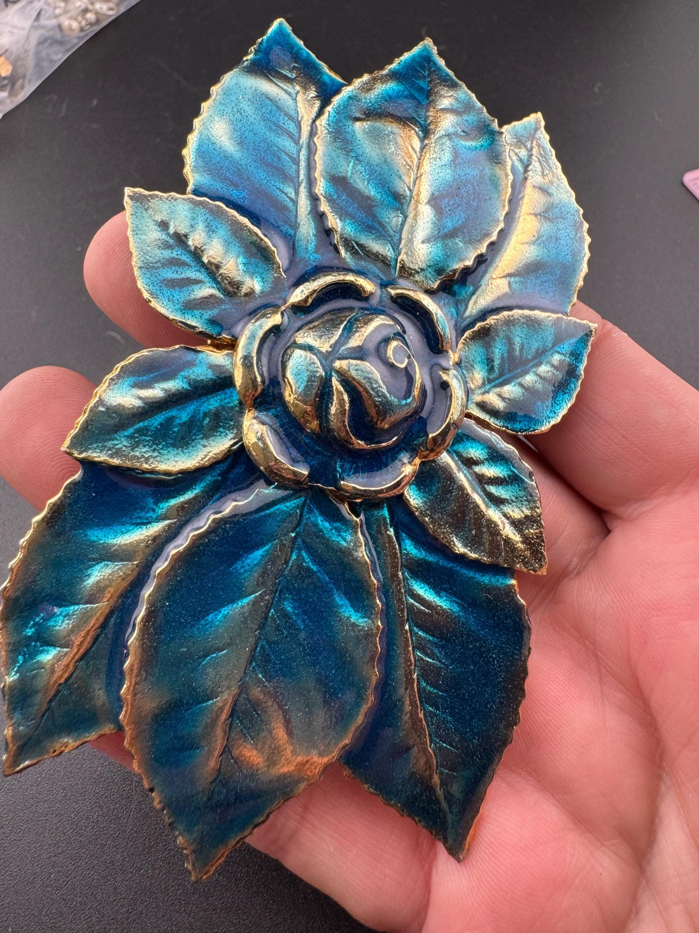 XL Vintage Brass Belt Buckle: Teal Blue Enamel Floral Rose 