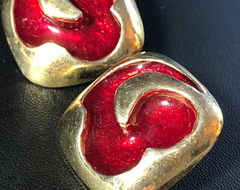 Vintage red enamel earrings for pierced ears gold large