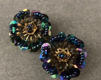 Boucles D'Oreilles Clips Vintage Années 60-70 - Grappe De Perles En Verre Coloré Sur Alliage Doré