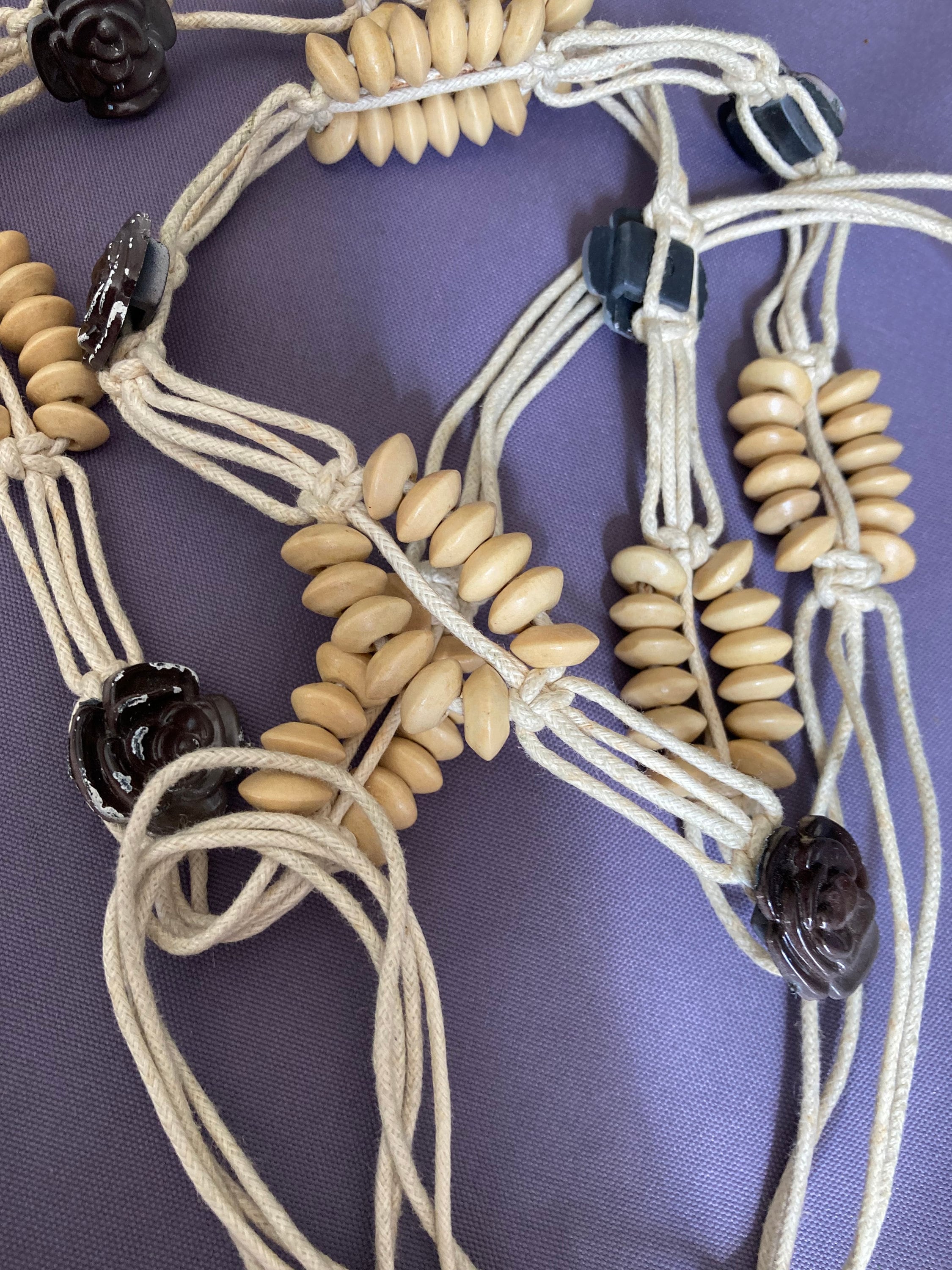 Vintage Boho Beaded Woven Tie Front Belt Vtg Y2K Rope Belt Boho Braided Beaded Tassel Ivory Color  main image 2