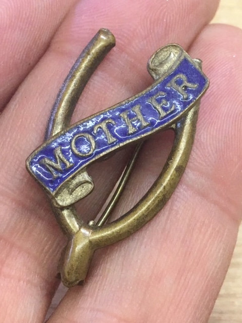 Antique Vintage 1930s 1940s 1950s Blue Enamel MOTHER Mothers Day Birthday Brooch Broach gold tone C Clasp